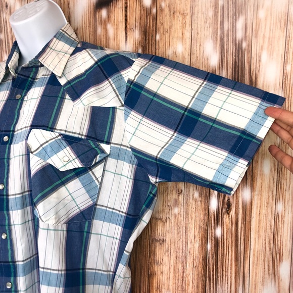 Vintage Rock Creek Ranch Blue Plaid Button Up Short Sleeve Collared Shirt - Picture 3 of 7